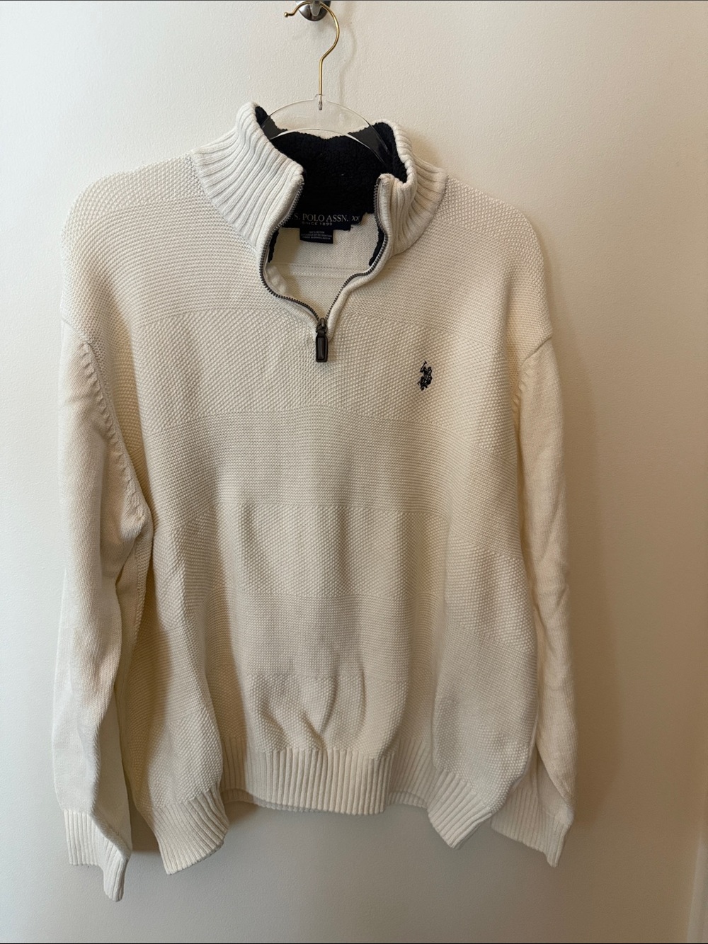U.S. Polo Assn. Cream Half-Zip Knit Sweater with Navy Logo Trim